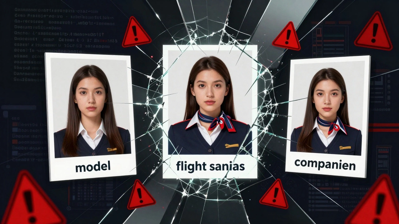 A fractured mirror displays repeated stolen photos of women labeled as models, flight attendants, and companions, with warning symbols.