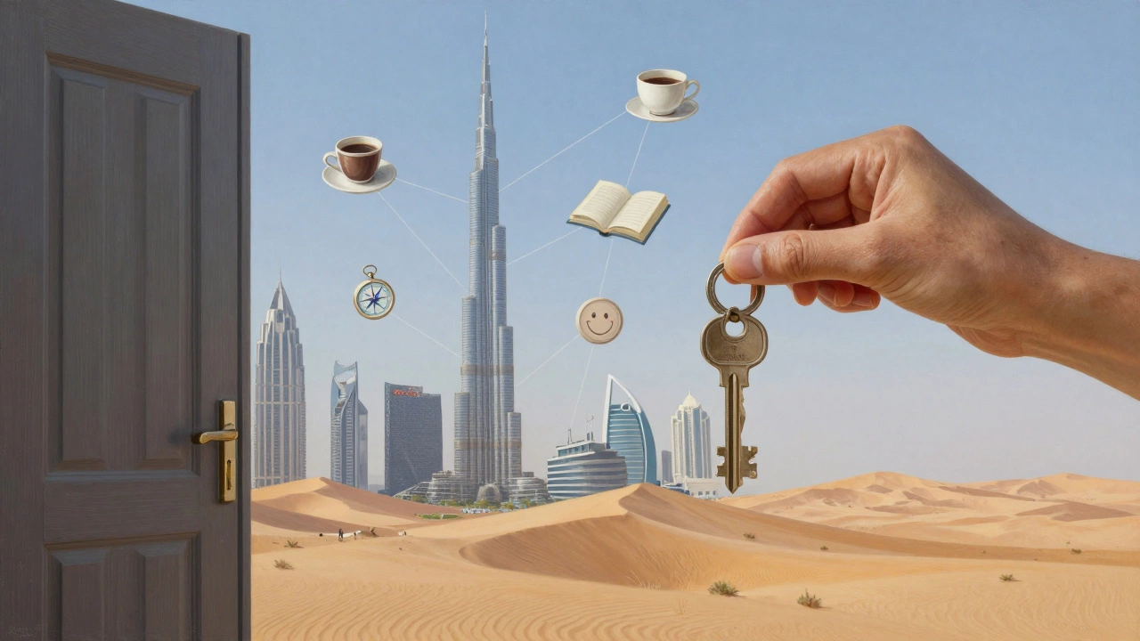 A symbolic key opens a door made of Dubai landmarks, representing personalized discovery and connection.