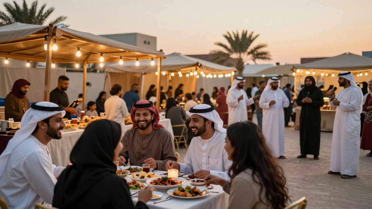 Expats and locals enjoy a vibrant Dubai food market at sunset, sharing meals and laughter under string lights and golden hour glow.