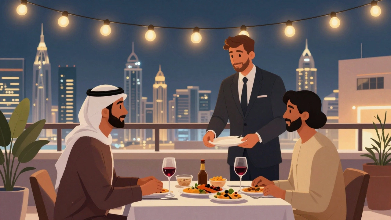 Two people share a intimate dinner on a rooftop terrace with Dubai’s skyline glowing behind them.